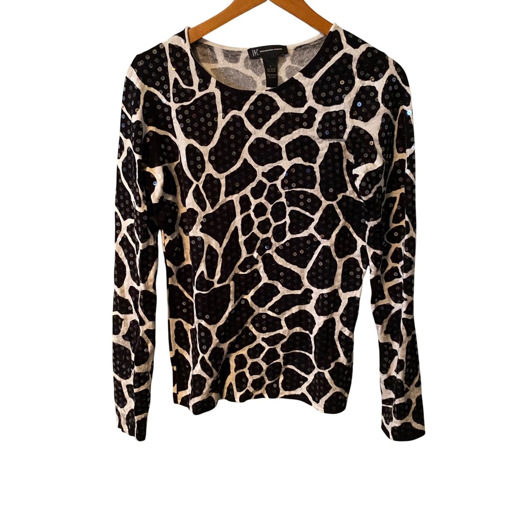 INC Women's Long Sleeve Top‎ Black White Giraffe Print Sequins Size S